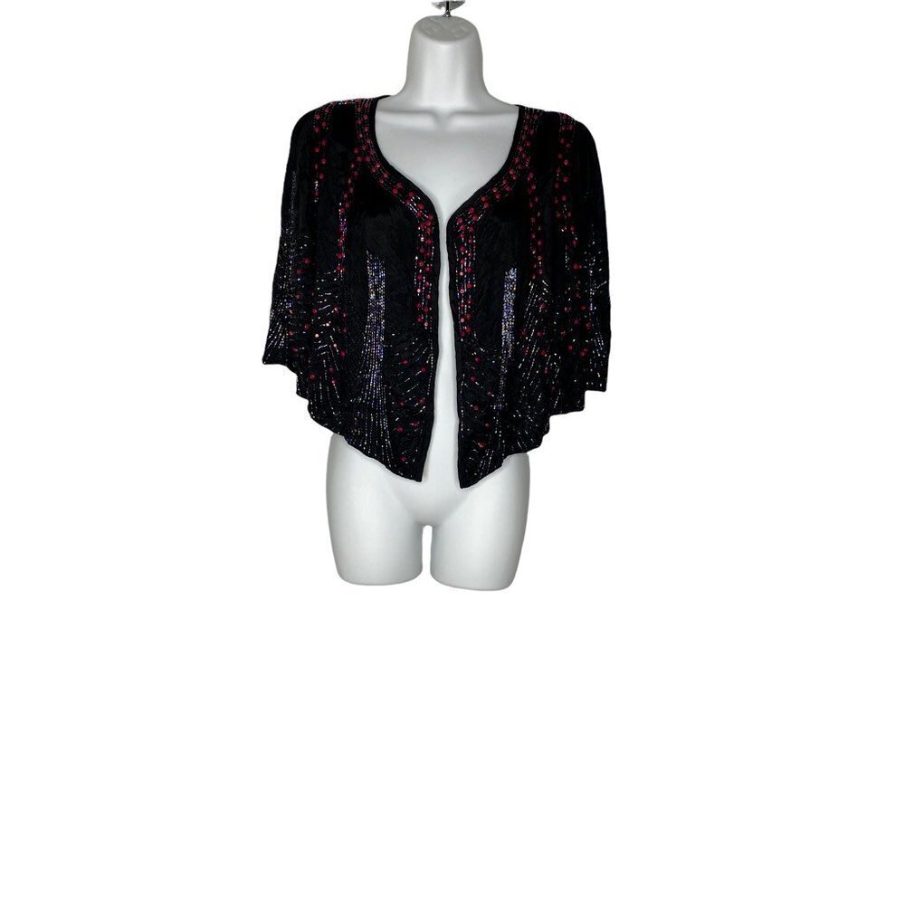 Topshop Womens Cropped Jacket Black Open Front Embellished 100% Viscose‎ SZ 2